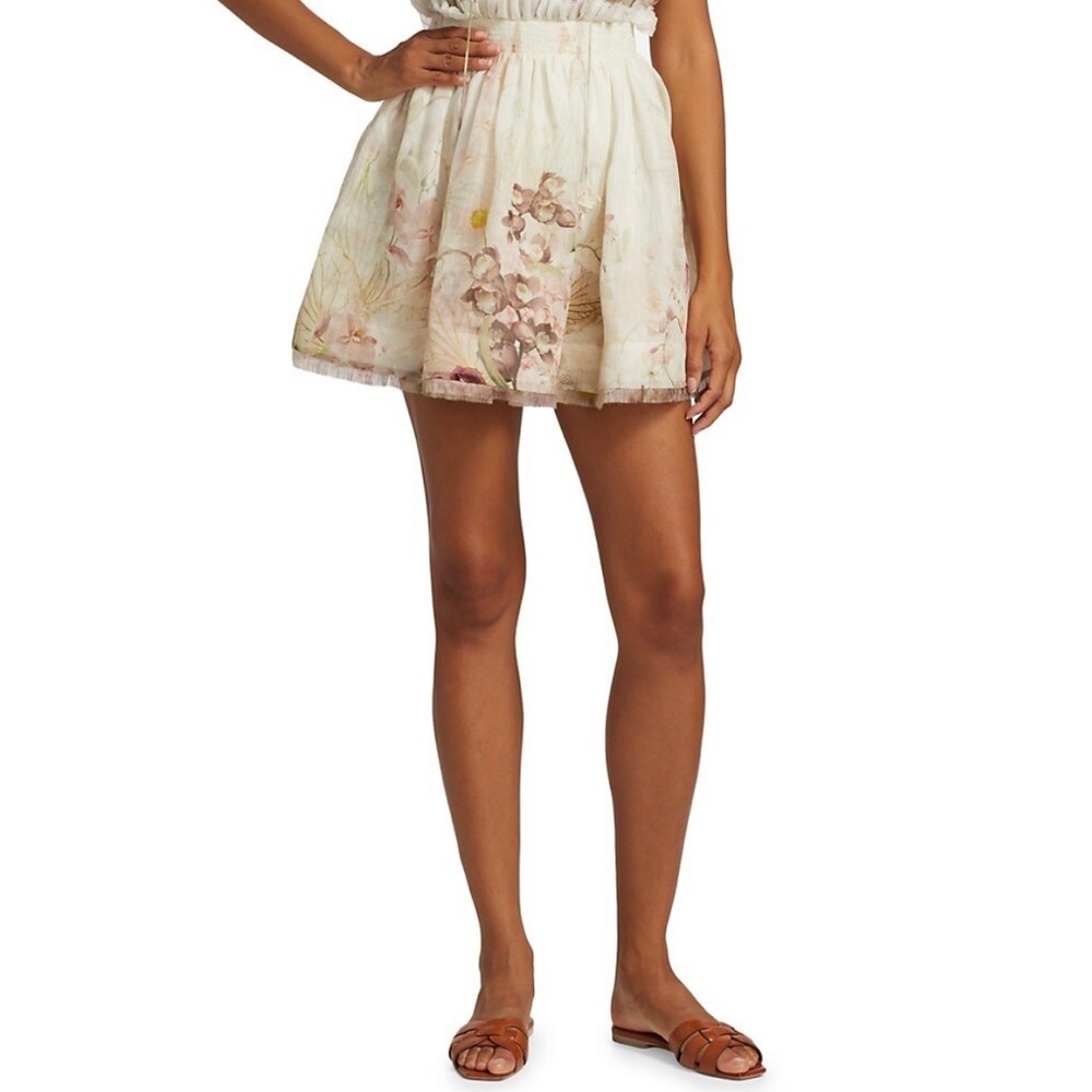 Zimmermann size 0 Dancer Floral Ruffle-Trim Flip Mini Skirt